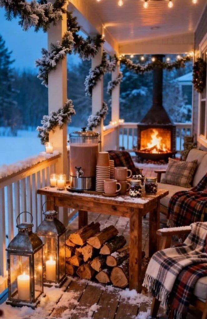 cozy-outdoor-christmas-hot-cocoa-bar-on-porch-with-wooden-table-lanterns-and-plaid-blankets