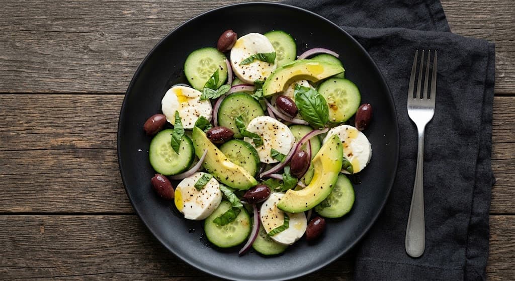 fresh-cucumber-mozzarella-salad-on-a-black-plate-with-avocado-olives-and-basil