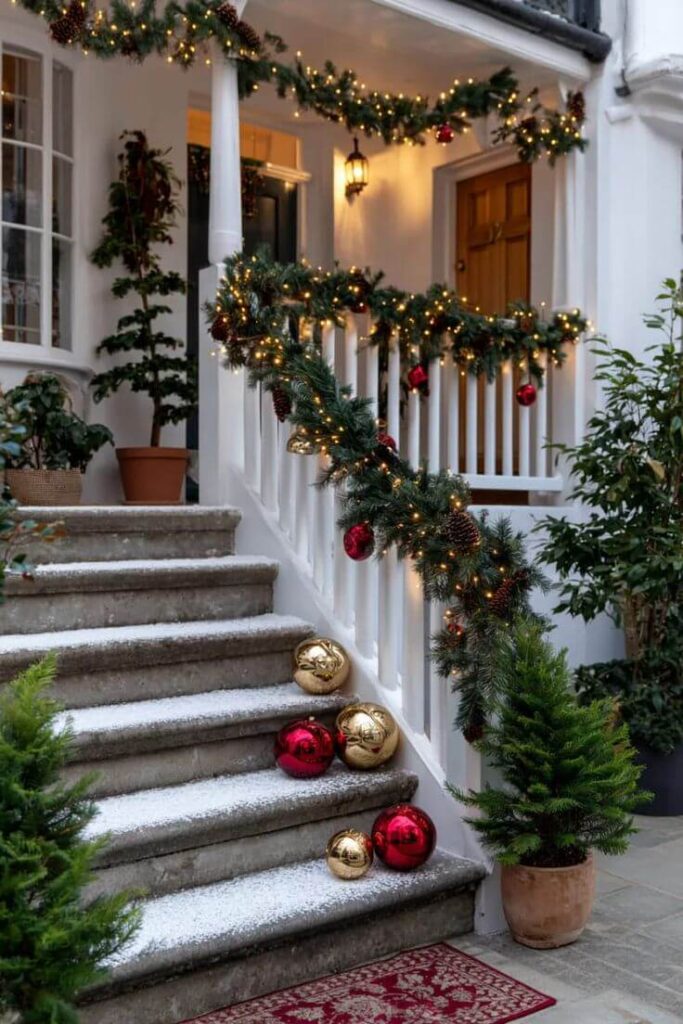 lush-evergreen-garland-with-twinkle-lights-and-red-ornaments-draped-along-white-porch-stair-railing