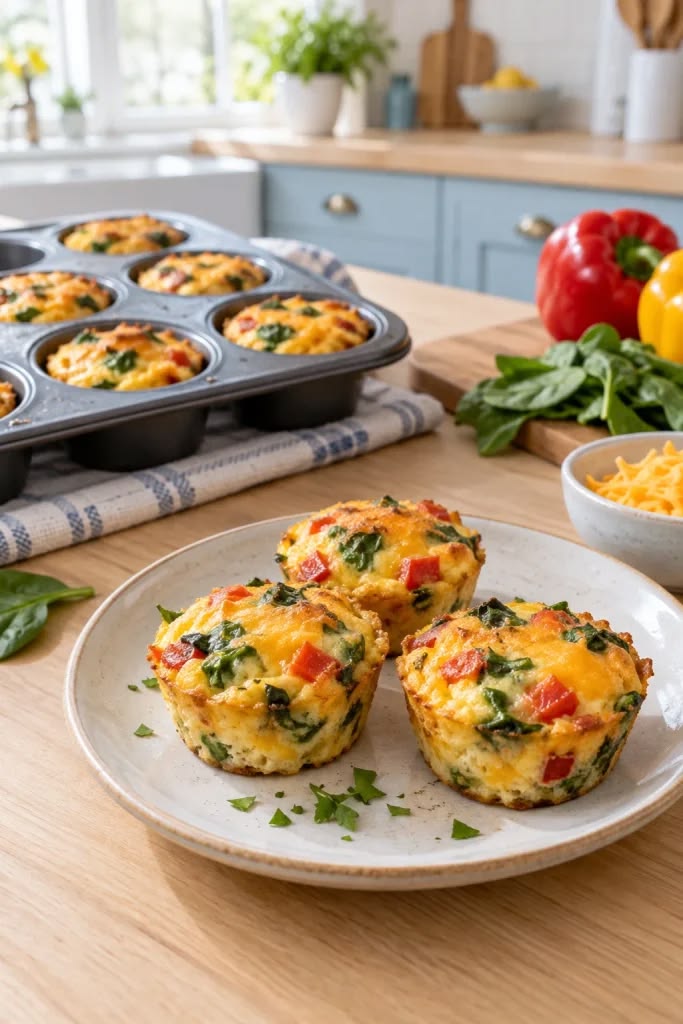 baked-egg-muffins-with-spinach-red-bell-peppers-and-cheese-served-on-a-plate-next-to-a-muffin-pan
