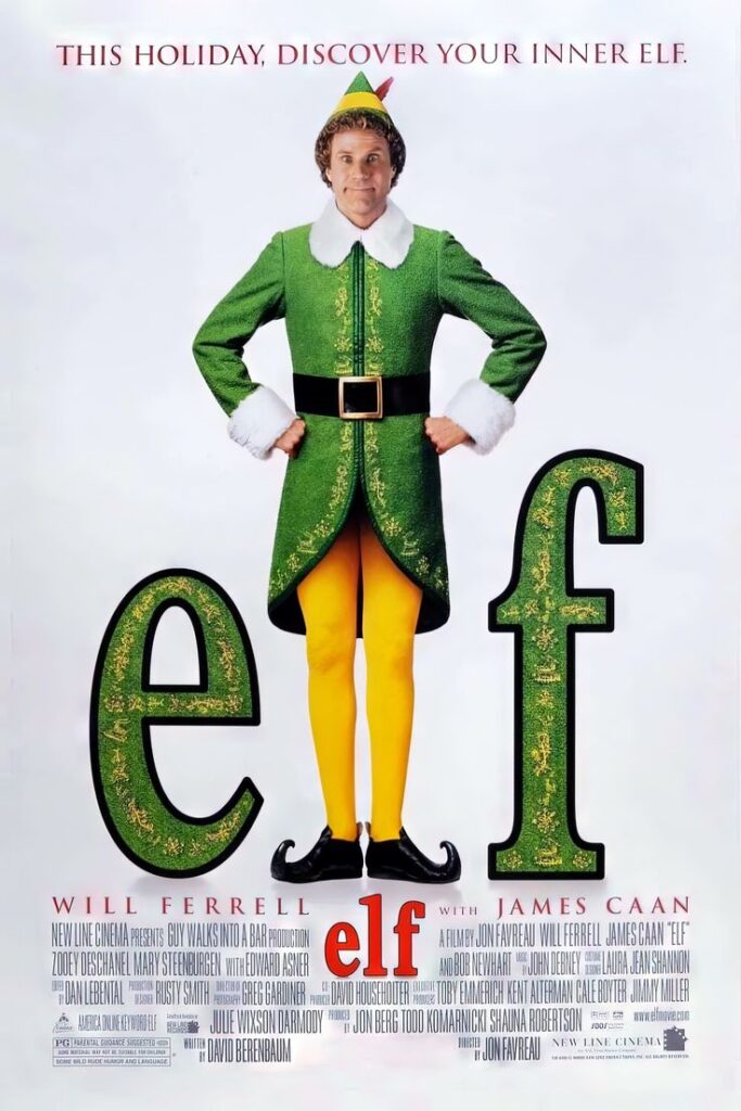 movie-poster-for-elf-starring-will-ferrell-standing-in-a-green-elf-suit-and-yellow-tights-between-the-letters-e-and-f
