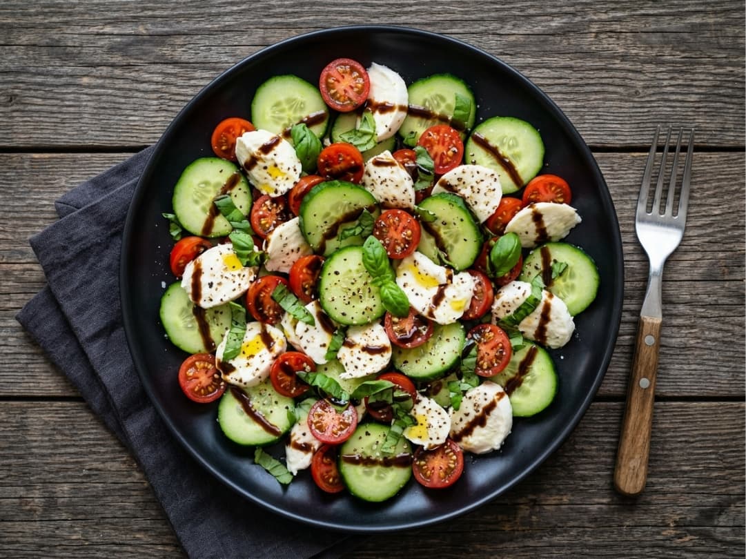 top-view-of-cucumber-caprese-salad-on-a-black-plate-with-halved-cherry-tomatoes-sliced-mozzarella-torn-basil-and-balsamic-glaze-on-a-rustic-wooden-table