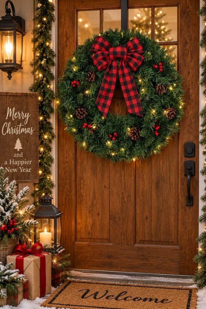 large-red-and-black-plaid-bow-on-lit-christmas-evergreen-wreath-hanging-on-wooden-front-door-with-lantern-and-welcoming-porch-decor