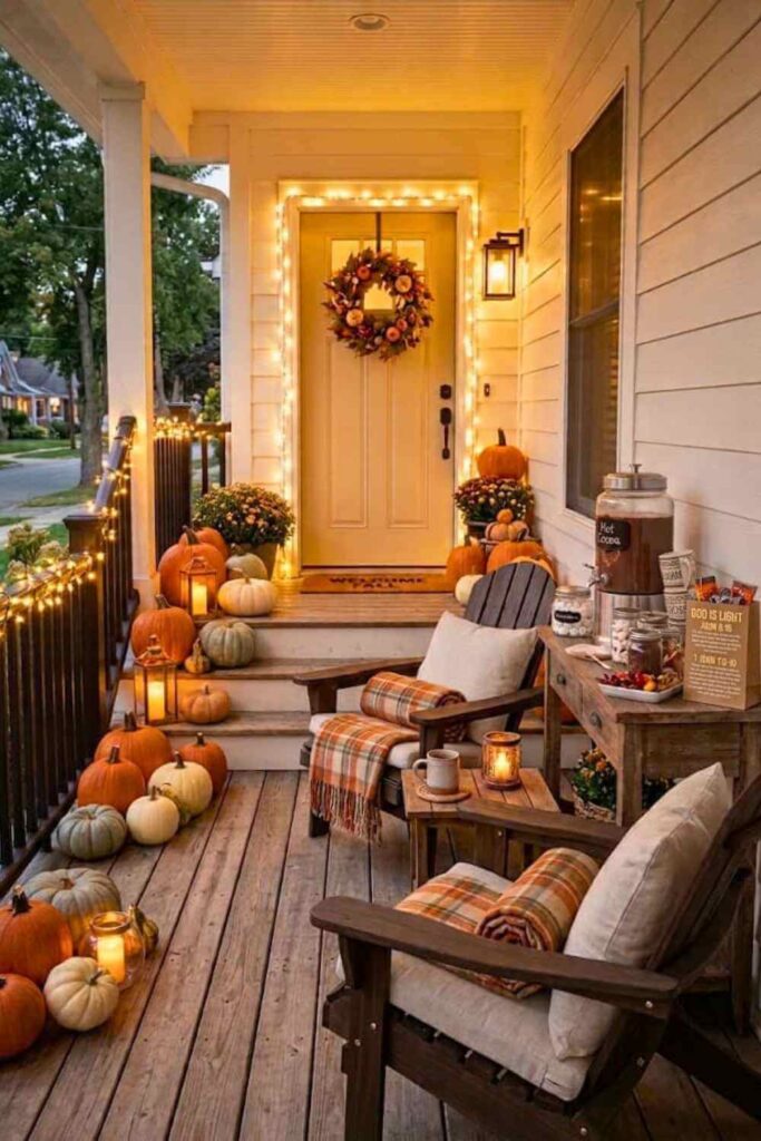 cozy-farmhouse-front-porch-at-night-with-string-lights-chairs-pumpkin-display-and-hot-cocoa-bar-for-autumn-decorating