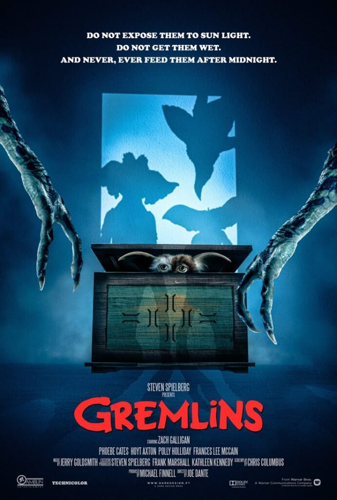 movie-poster-for-gremlins-showing-gizmo-peeking-out-of-a-wooden-box-framed-by-scaly-creature-hands-and-bat-like-shadows-on-a-blue-background