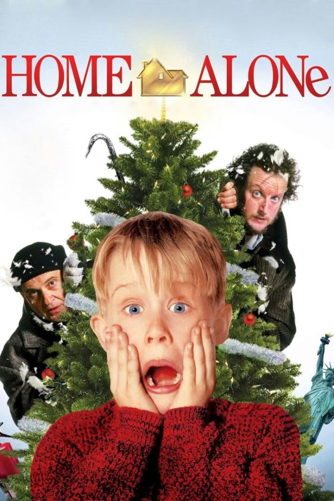 movie-poster-for-home-alone-starring-macaulay-culkin-screaming-with-his-hands-on-his-cheeks-in-front-of-a-christmas-tree-with-the-wet-bandits-peeking-out-hard-classic-Christmas-movies