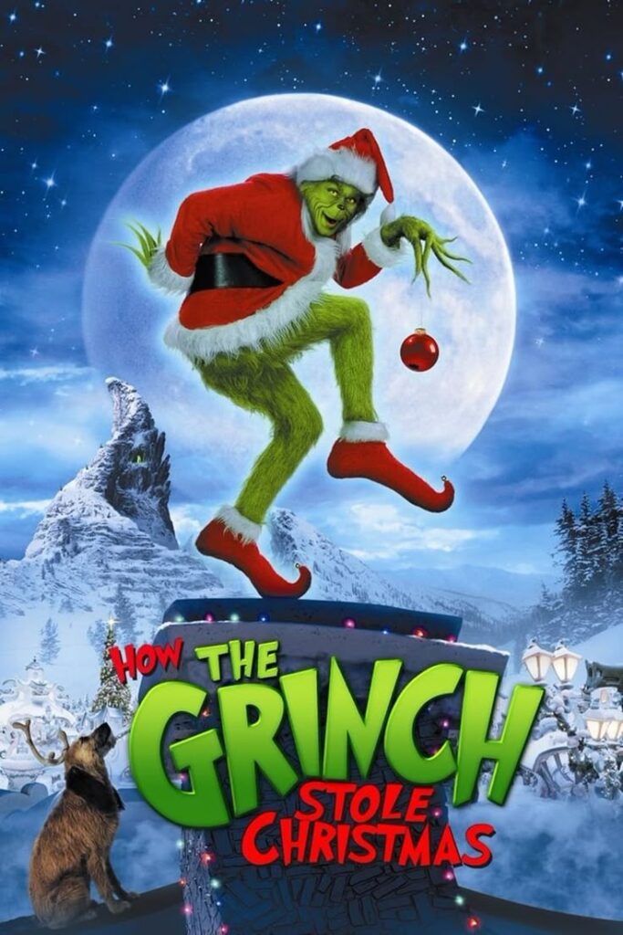 movie-poster-for-how-the-grinch-stole-christmas-showing-the-green-grinch-in-a-santa-suit-tiptoeing-on-a-rooftop-holding-a-red-ornament-with-his-dog-max-looking-up
