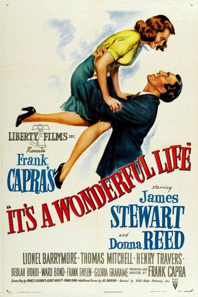 vintage-movie-poster-for-frank-capras-its-a-wonderful-life-starring-james-stewart-and-donna-reed-showing-a-man-lifting-a-smiling-woman
