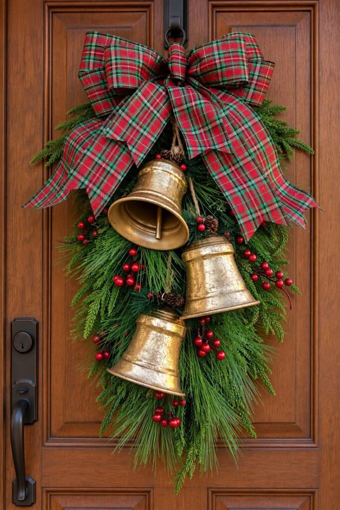 vintage-brass-christmas-bells-hanging-on-wooden-door-with-red-plaid-bow-and-evergreen-spray