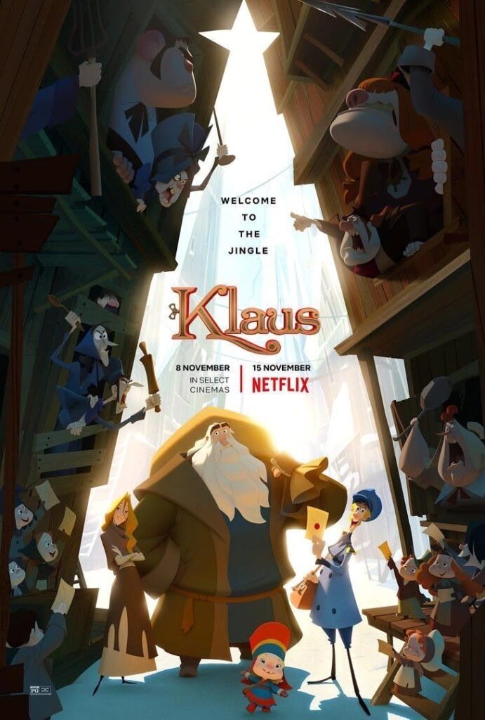 movie-poster-for-klaus-netflix-animated-film-showing-a-large-bearded-toymaker-beside-a-tall-postman-holding-a-letter-surrounded-by-villagers