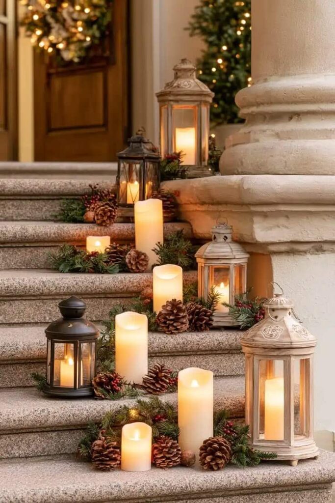 warm-glowing-flameless-candles-and-lanterns-surrounded-by-pinecones-and-greenery-on-stone-porch-steps