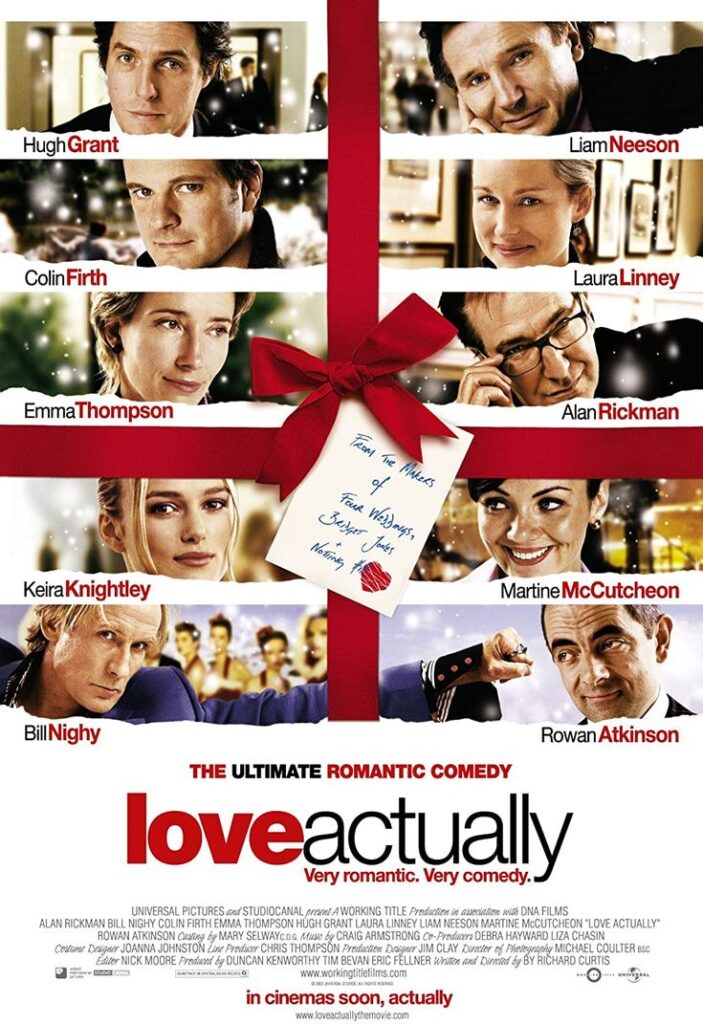 movie-poster-for-love-actually-showing-a-grid-of-cast-members-separated-by-a-red-gift-ribbon-and-bow-hard-classic-Christmas-movies