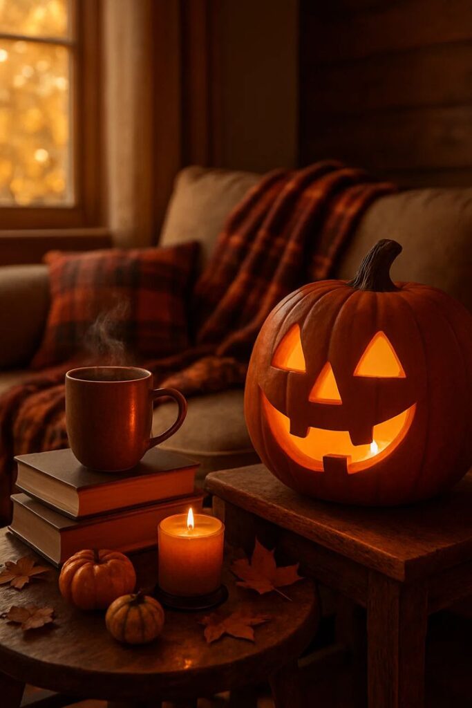 cozy-indoor-living-room-setup-with-glowing-carved-pumpkin-and-hot-drink-for-fall