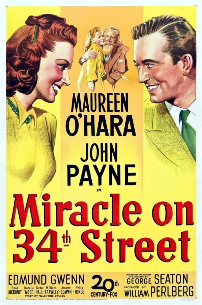vintage-movie-poster-for-miracle-on-34th-street-starring-maureen-ohara-and-john-payne-showing-a-woman-and-man-looking-at-each-other-and-santa-claus-with-a-child