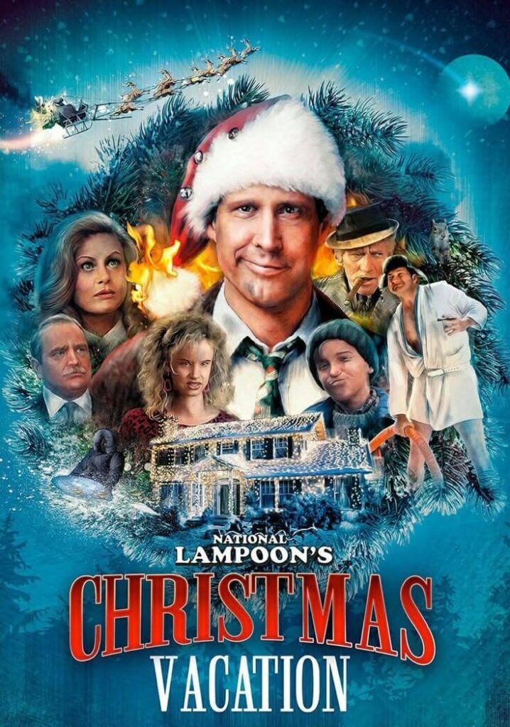 movie-poster-for-national-lampoons-christmas-vacation-starring-chevy-chase-wearing-a-santa-hat-surrounded-by-family-members-and-a-brightly-lit-house-hard-classic-Christmas-movies