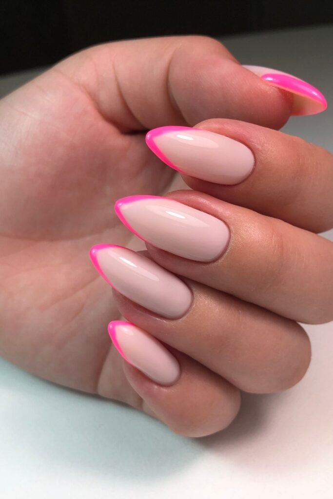 neon-pink-french-tip-almond-nails