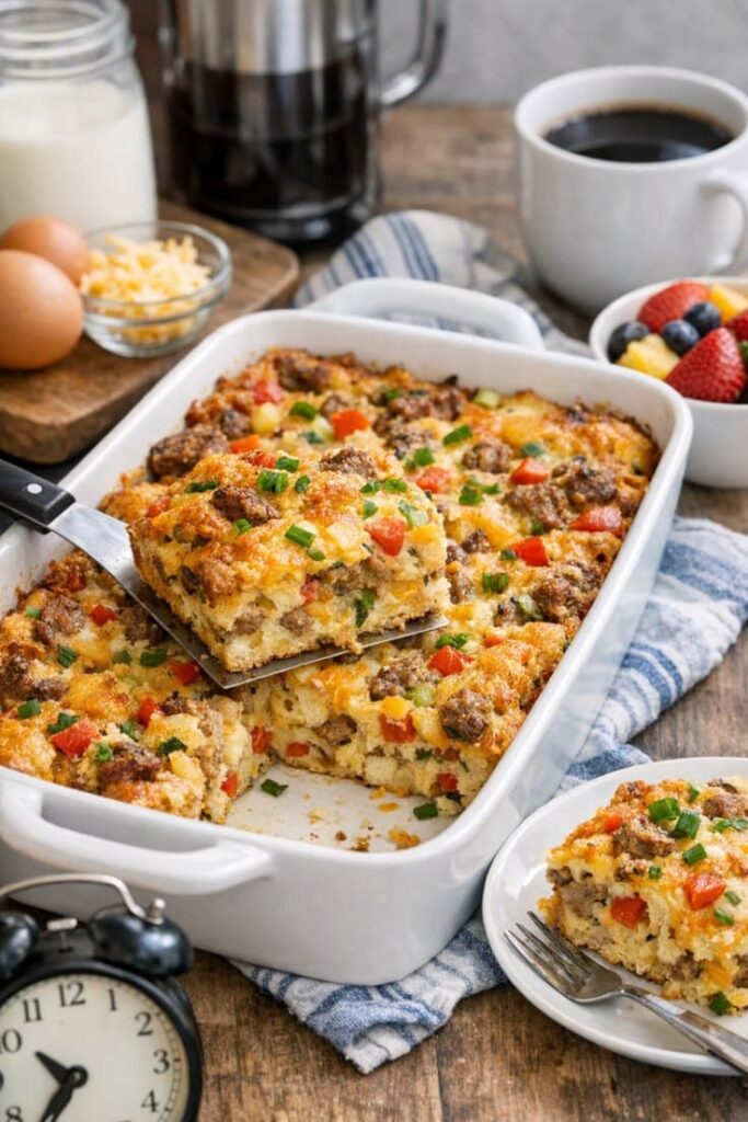freshly-baked-breakfast-casserole-with-sausage-peppers-cheese-and-green-onions-served-in-a-white-baking-dish-alongside-coffee-fresh-fruit-and-eggs