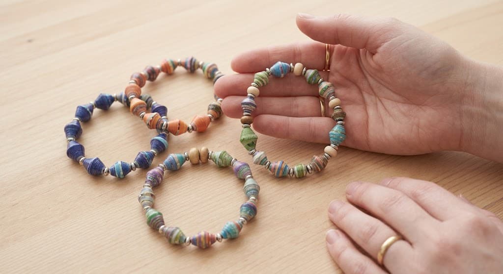 handmade-colorful-recycled-magazine-paper-bead-bracelets-stacked-on-wooden-table