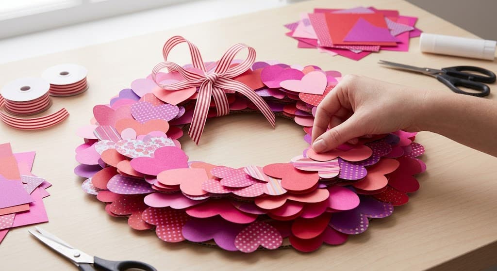 vibrant-diy-paper-heart-wreath-with-pink-red-and-purple-layered-hearts-and-striped-ribbon-bow