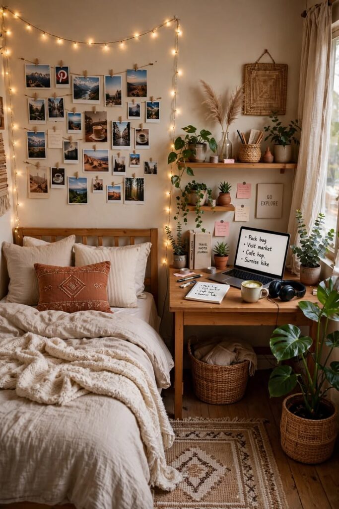 teen-girl-bedroom-photo-and-memory-wall-with-cluttered-polaroids-string-lights-and-wooden-desk
