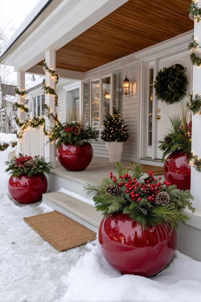 glossy-red-porch-planters-filled-with-evergreen-boughs-pinecones-and-red-berries-on-a-snowy-christmas-porch