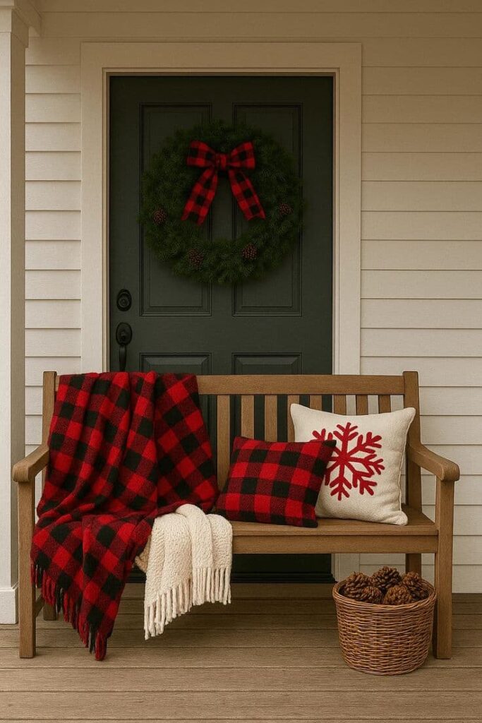 cozy-wooden-porch-bench-styled-with-red-and-black-buffalo-plaid-blanket-and-snowflake-pillow-for-christmas