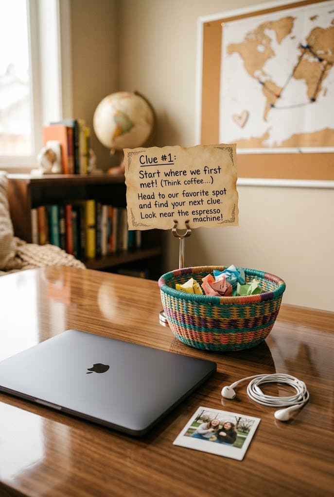 clue-number-one-promposal-scavenger-hunt-card-on-stand-with-colorful-desk-decor