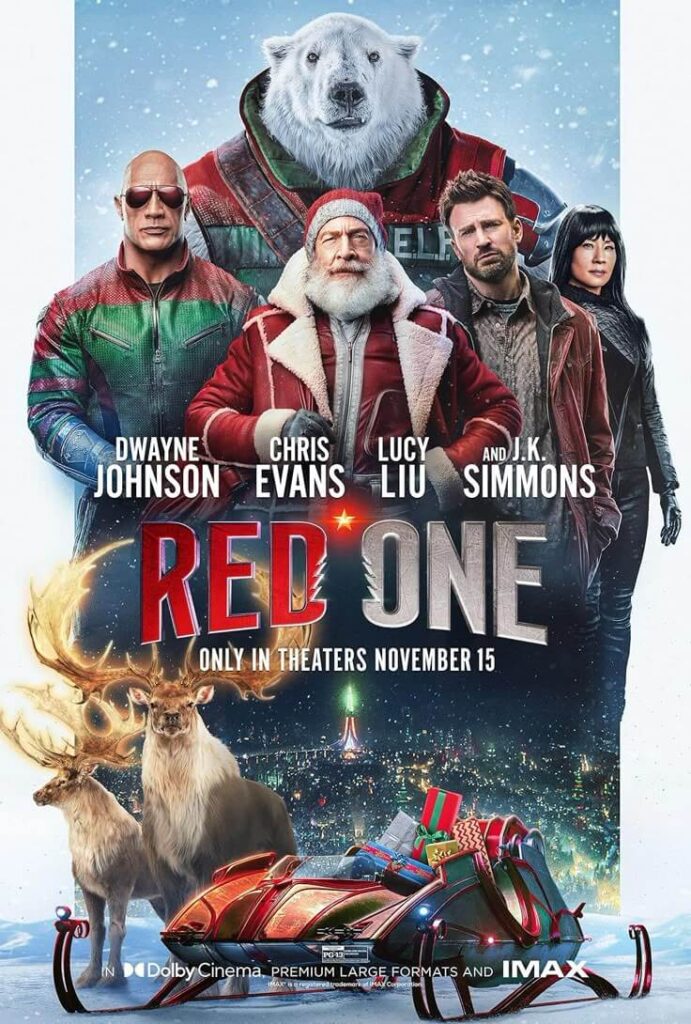 movie-poster-for-red-one-starring-dwayne-johnson-chris-evans-jk-simmons-and-lucy-liu-with-a-large-polar-bear-in-armor-and-reindeer