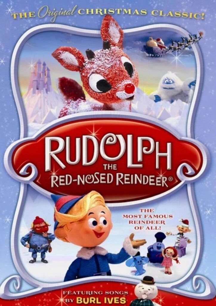vintage-movie-poster-for-rudolph-the-red-nosed-reindeer-starring-hermey-yukon-cornelius-bumble-and-sam-the-snowman-showing-rudolph-and-hermey-the-elf