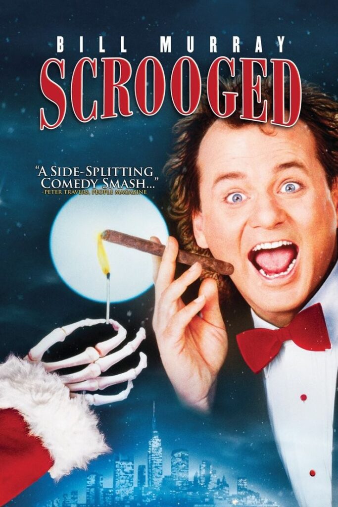 movie-poster-for-scrooged-starring-bill-murray-in-a-tuxedo-and-red-bowtie-holding-a-cigar-lit-by-a-skeletal-santa-hand-hard-classic-Christmas-movies