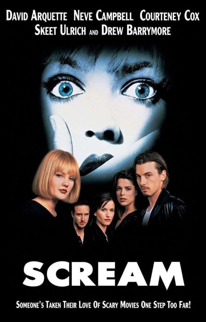 scream-1996-movie-poster-featuring-drew-barrymore-neve-campbell-courteney-cox-david-arquette-and-skeet-ulrich