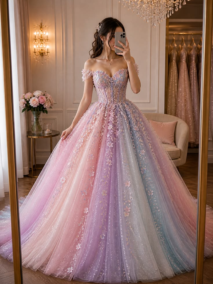 sparkly-pastel-ball-gown-prom-dress-with-floral-corset-bodice-in-mirror-selfie