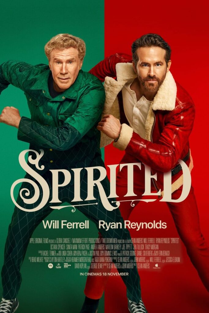 movie-poster-for-spirited-starring-will-ferrell-and-ryan-reynolds-striking-playful-poses-against-a-split-green-and-red-background-hard-classic-Christmas-movies