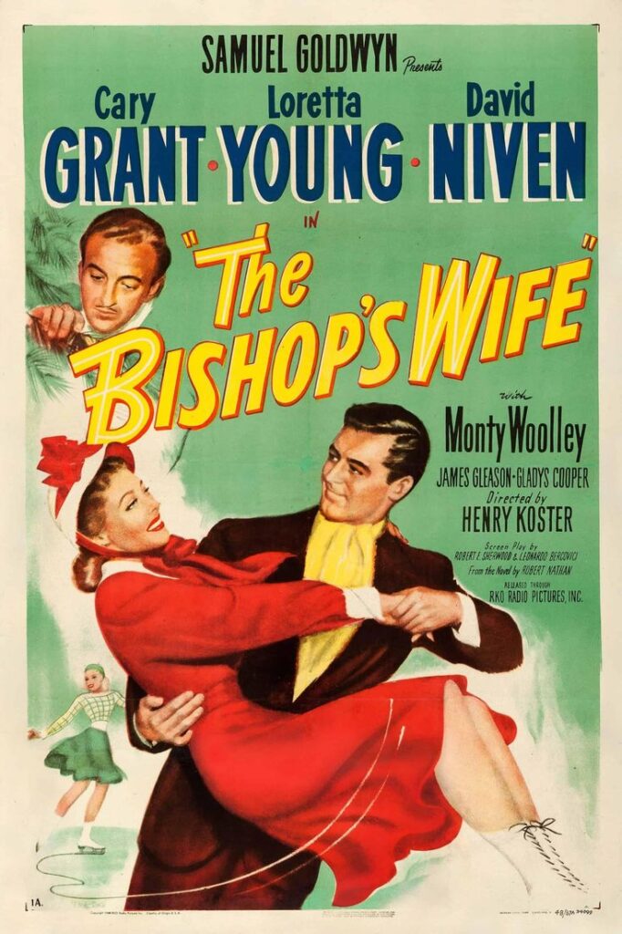 vintage-movie-poster-for-samuel-goldwyns-the-bishops-wife-starring-cary-grant-loretta-young-and-david-niven-showing-a-man-holding-a-woman-in-a-red-dress-and-ice-skates