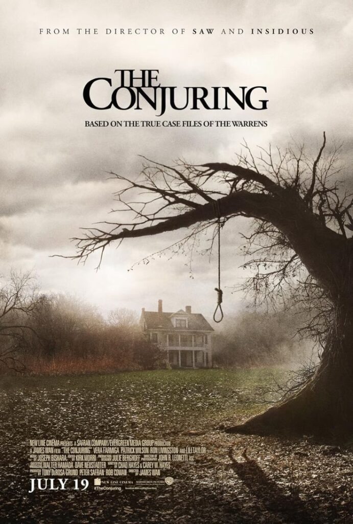 the-conjuring-2013-movie-poster-featuring-a-large-bare-tree-hanging-noose-and-farmhouse-Halloween-movies-to-watch