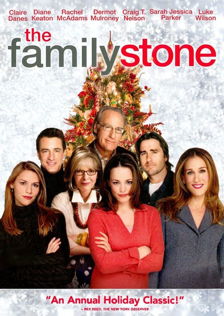 movie-poster-for-the-family-stone-starring-sarah-jessica-parker-diane-keaton-and-rachel-mcadams-showing-an-ensemble-cast-in-front-of-a-decorated