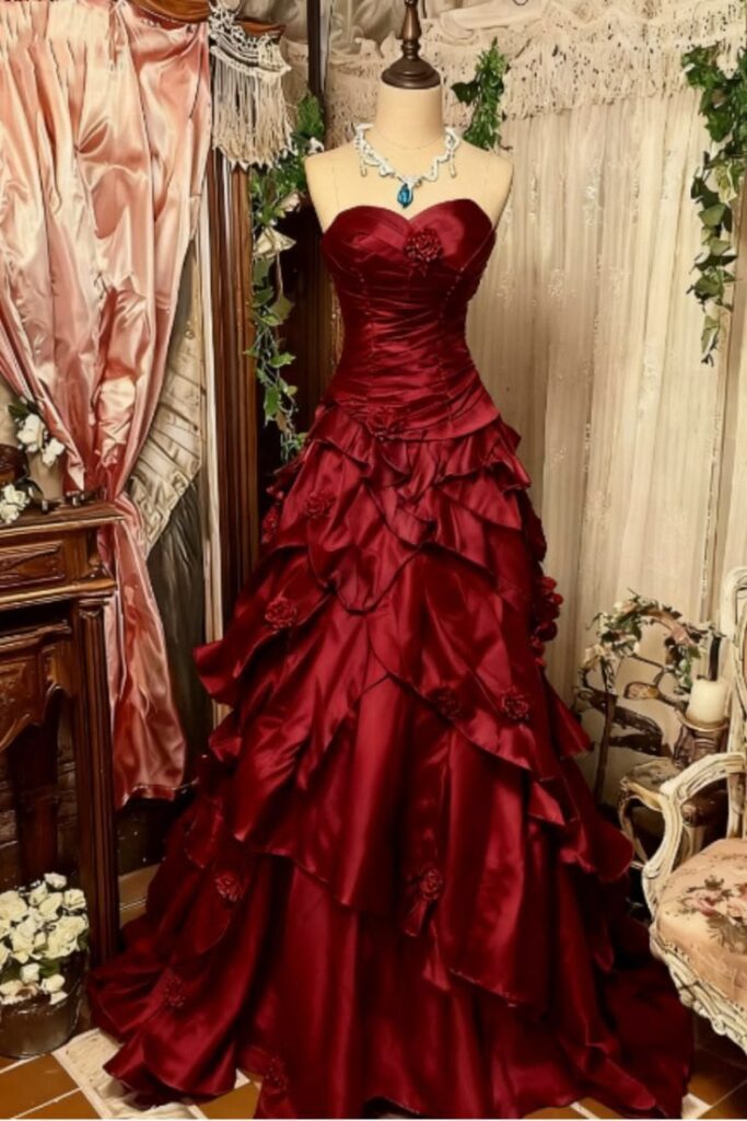 vintage-burgundy-satin-ball-gown-with-ruched-bodice-and-rosettes