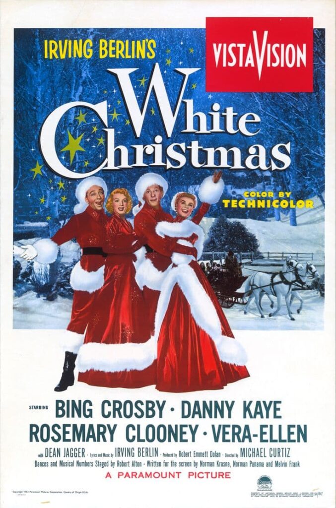 vintage-movie-poster-for-irving-berlins-white-christmas-starring-bing-crosby-danny-kaye-rosemary-clooney-and-vera-ellen-showing-performers-in-red-santa-suits-hard-classic-Christmas-movies