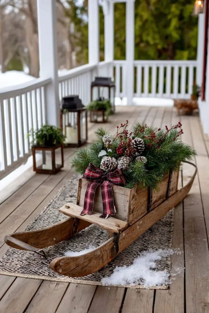 vintage-wooden-sled-filled-with-evergreen-greenery-frosted-pinecones-and-plaid-bow-on-snowy-porch