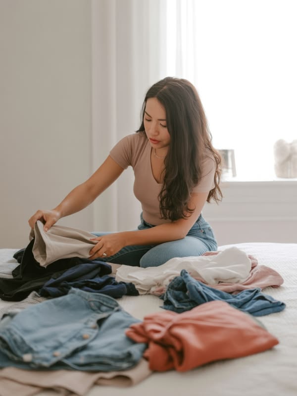 woman-sitting-on-a-bed-sorting-and-folding-clothes-in-her-bedroom