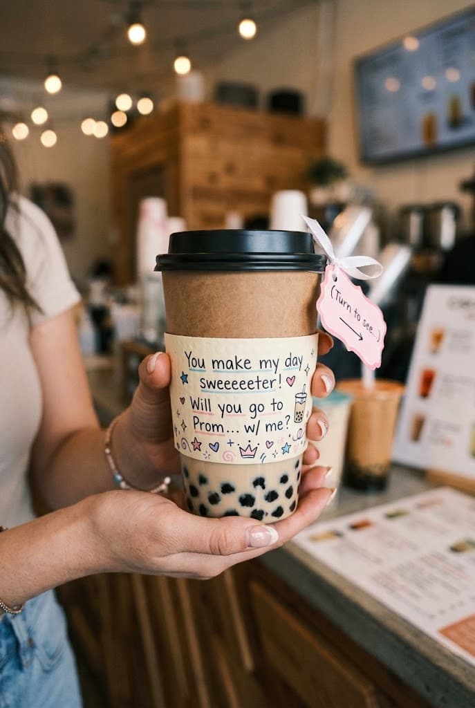 boba-tea-cup-with-custom-promposal-sleeve-held-in-a-cafe