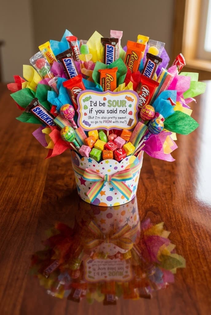 `candy-bouquet-promposal-with-playful-pun-sign-resting-on-a-polished-wooden-table`
