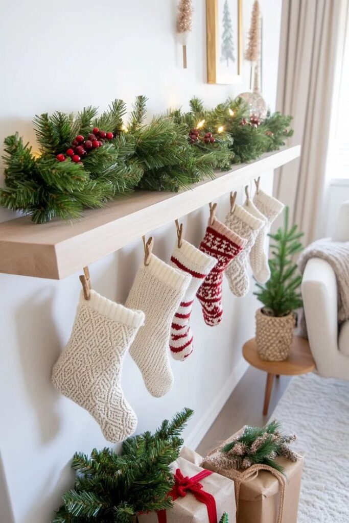 cozy-knit-christmas-stockings-hung-from-a-light-wood-floating-shelf-topped-with-evergreen-garland
