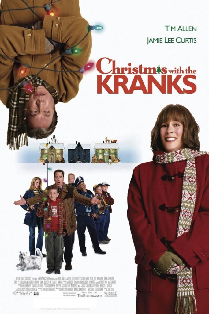 movie-poster-for-christmas-with-the-kranks-starring-tim-allen-hanging-upside-down-wrapped-in-christmas-lights-and-jamie-lee-curtis-in-a-red-coat