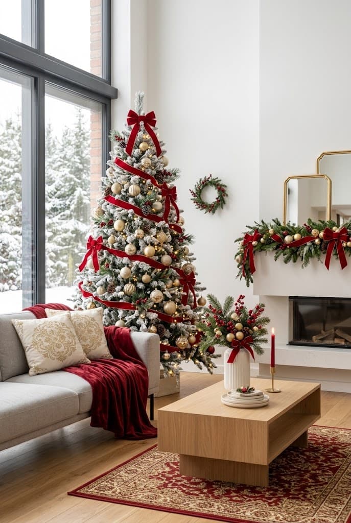 modern-living-room-decorated-for-christmas-with-red-velvet-ribbon-gold-ornaments-and-evergreen-garland