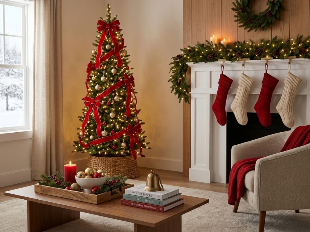 modern-living-room-decorated-for-christmas-with-a-slim-red-ribbon-tree-mantel-garland-stockings-and-styled-coffee-table