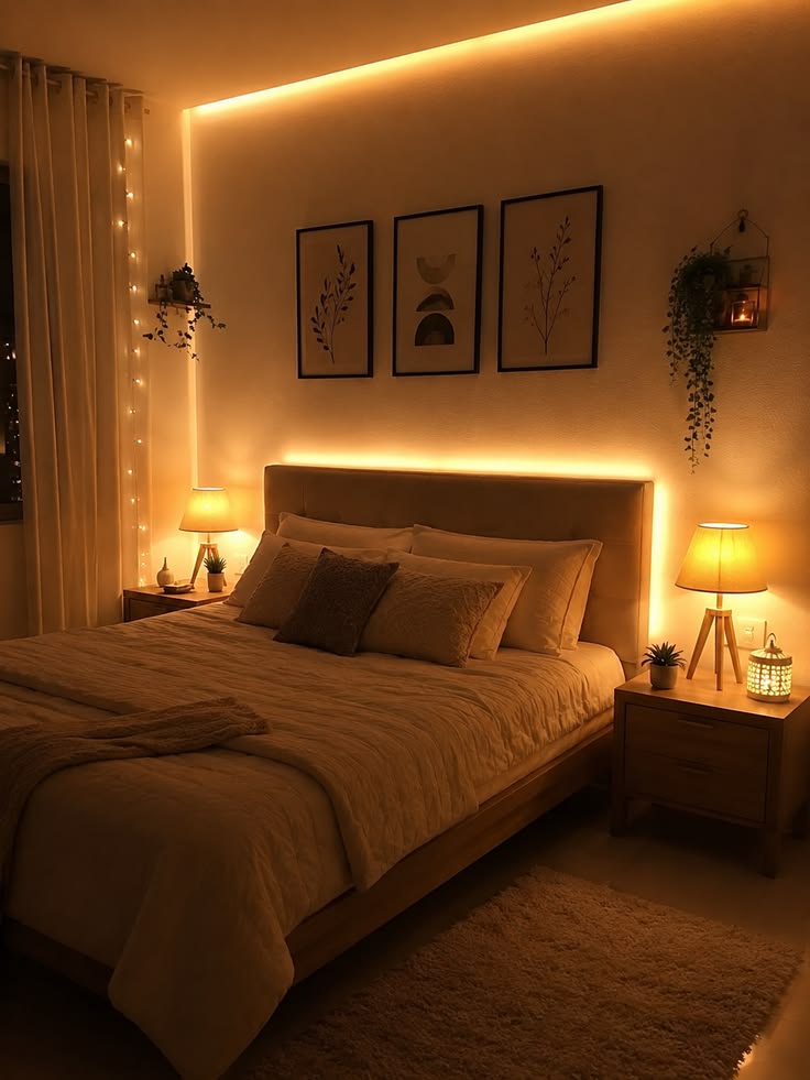 cozy-bedroom-with-soft-warm-lighting-led-headboard-backlight- bedside-lamps-and-string-lights