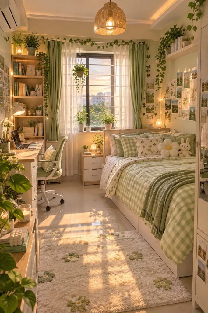 cozy-teen-girl-bedroom-with-green-plants-textured-shag-rug-and-gingham-bedding