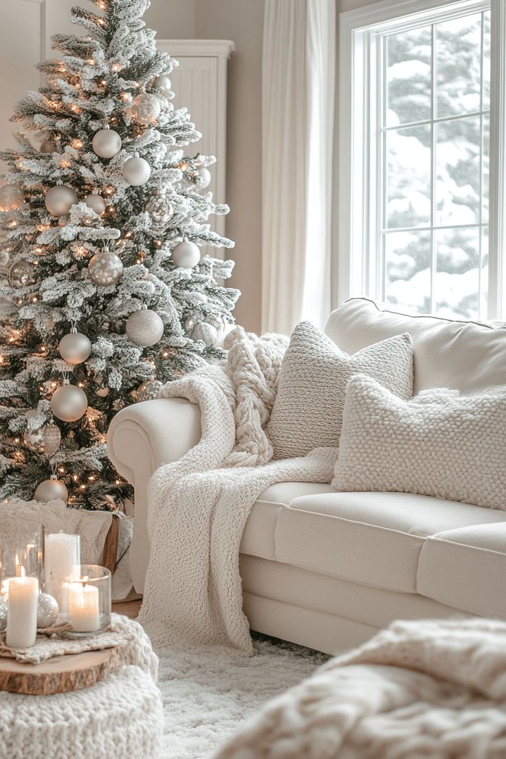 snowy-flocked-christmas-tree-with-white-ornaments-next-to-a-cream-sofa-layered-with-cozy-textured-blankets