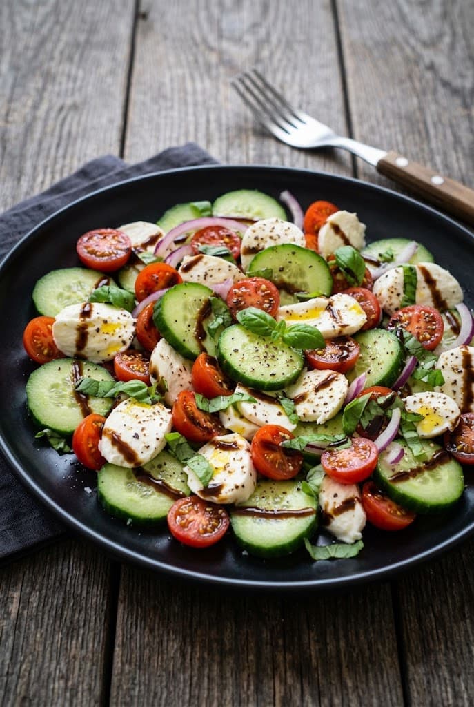 top-view-of-cucumber-caprese-salad-with-red-onion-in-a-matte-black-plate-on-a-rustic-wooden-table-with-fork-and-napkin
